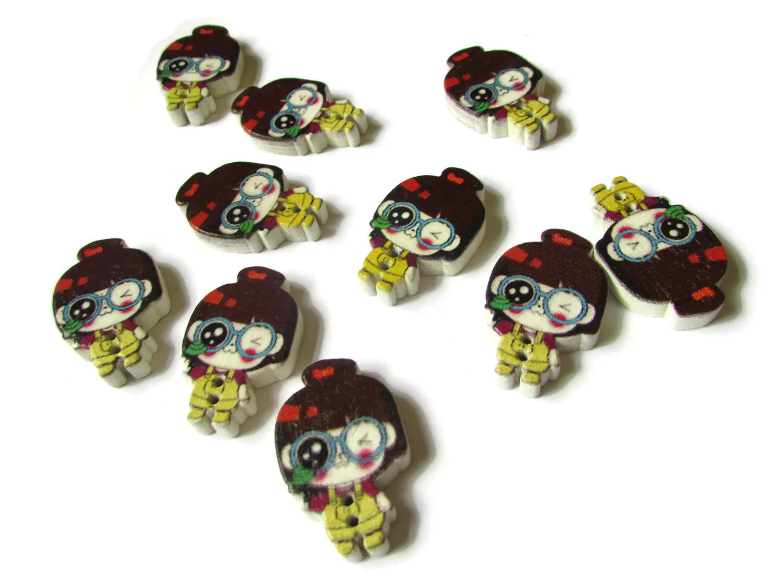 10 29mm Two Hole Wooden Buttons Brown Hair Girl with Yellow Overalls