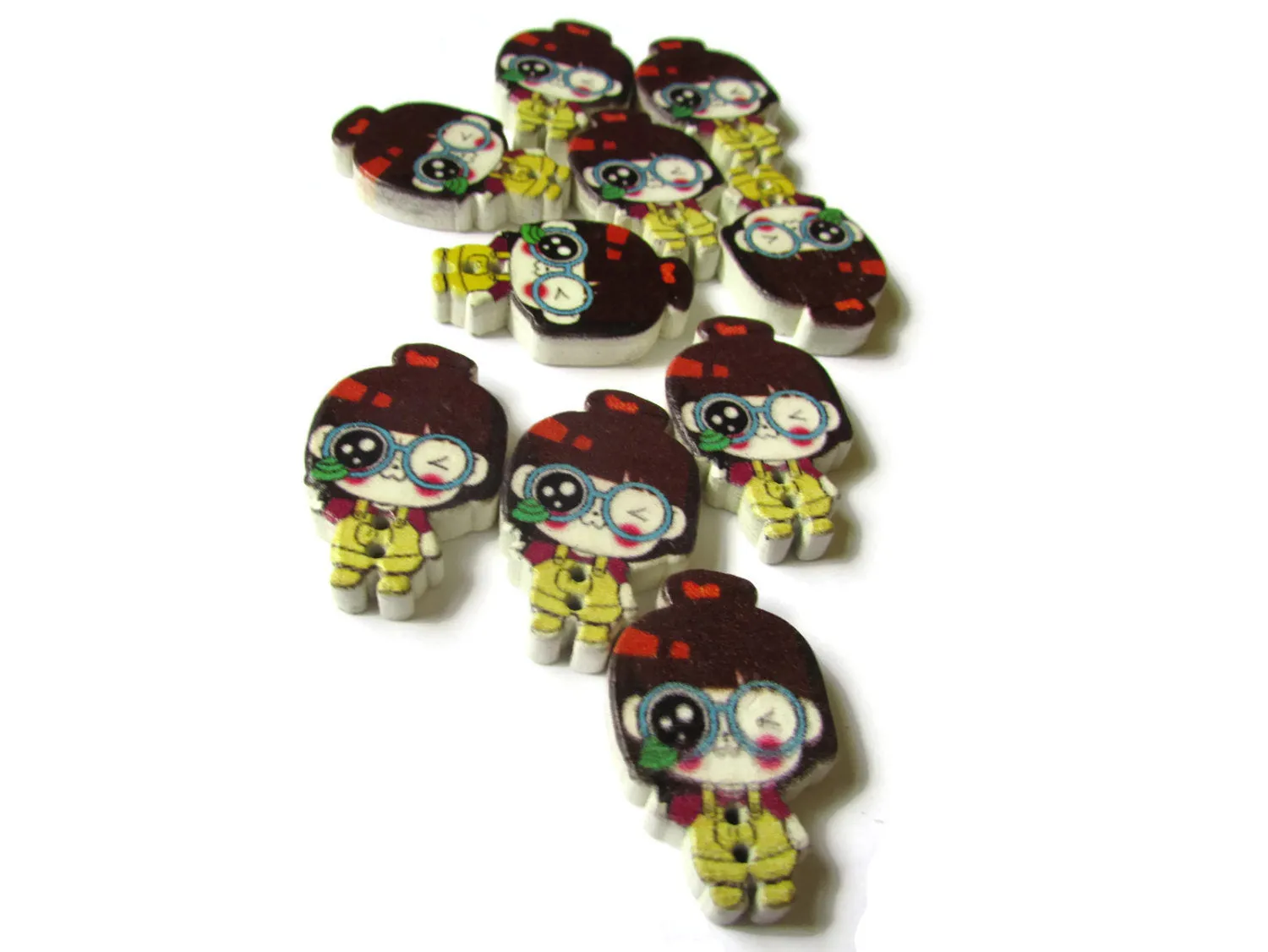 10 29mm Two Hole Wooden Buttons Brown Hair Girl with Yellow Overalls