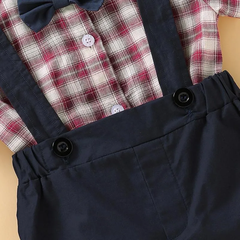 2-Piece Plaid Bownot Decoration Babysuit and Overalls