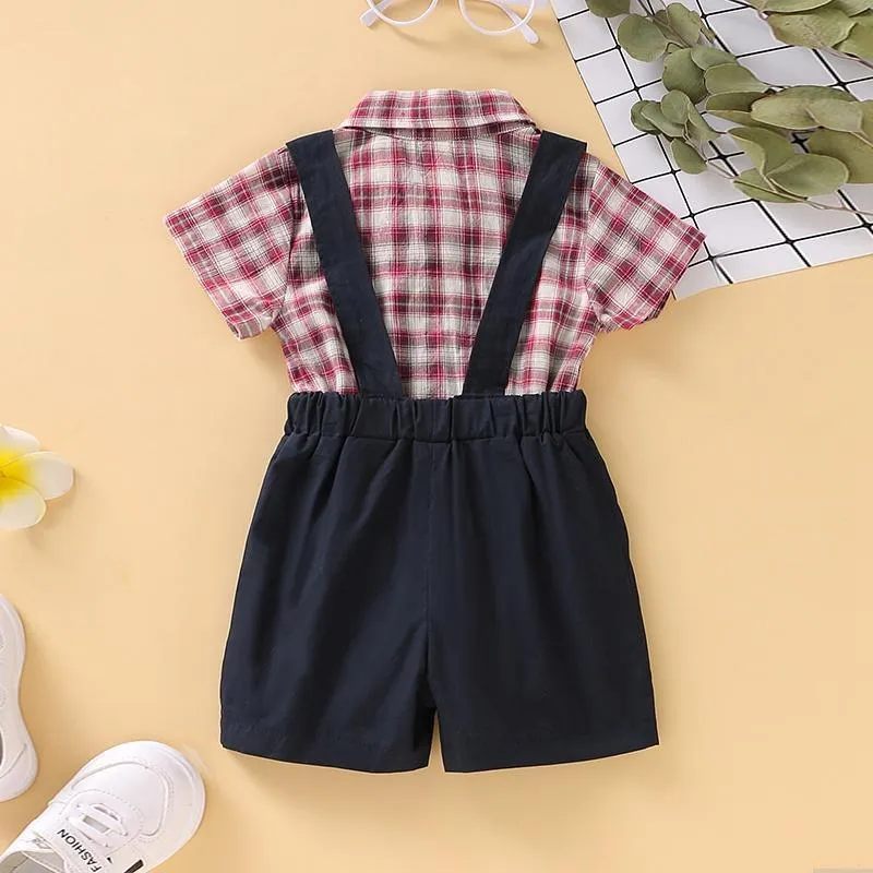 2-Piece Plaid Bownot Decoration Babysuit and Overalls