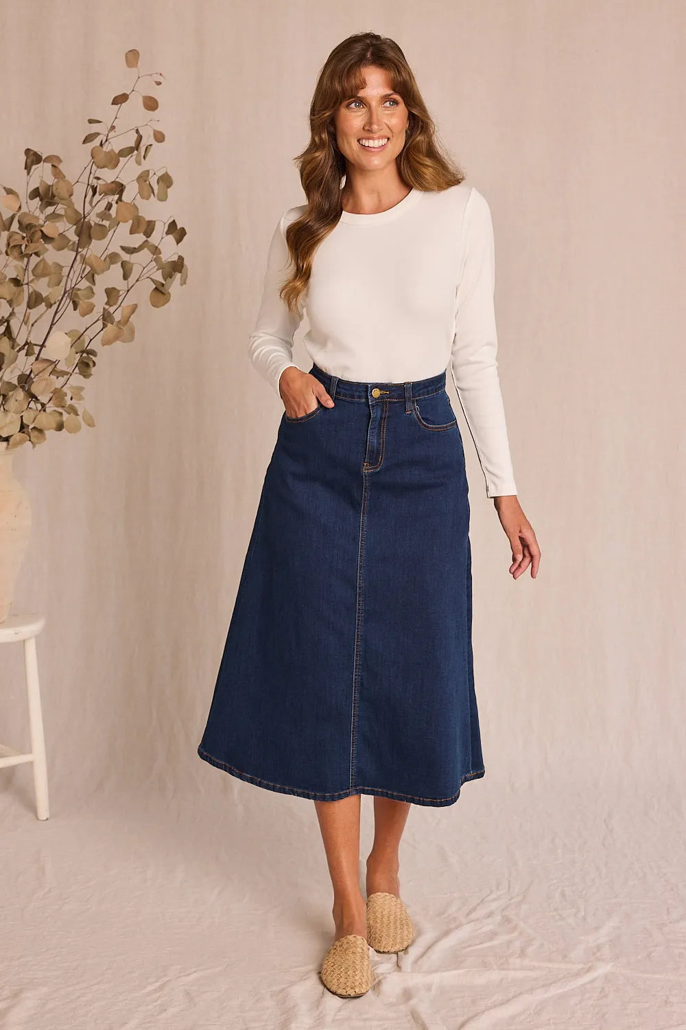 Adrift Denim A-Line Skirt in Mid Wash