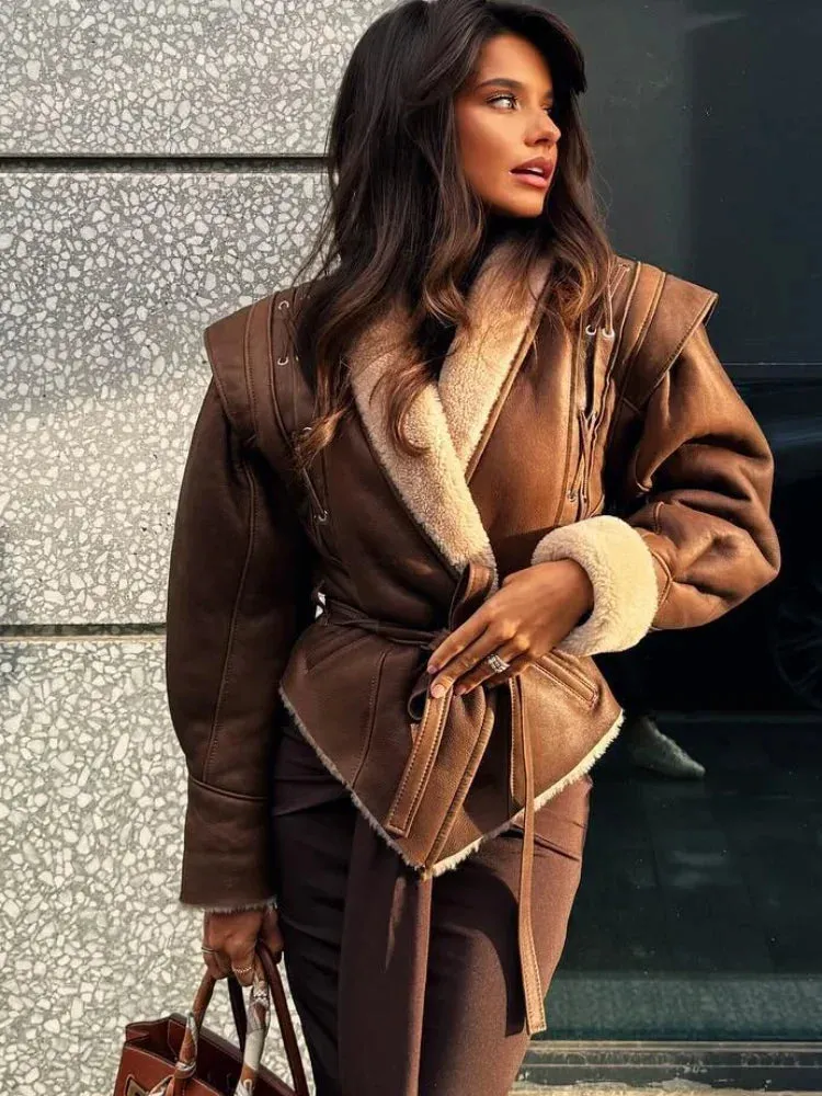 Advbridge Elegant Pu Leather Patchwork Jacket With Belt Women Fashion Long Sleeves Drawstring Tie Coat 2024 Female Thick Street Outwear