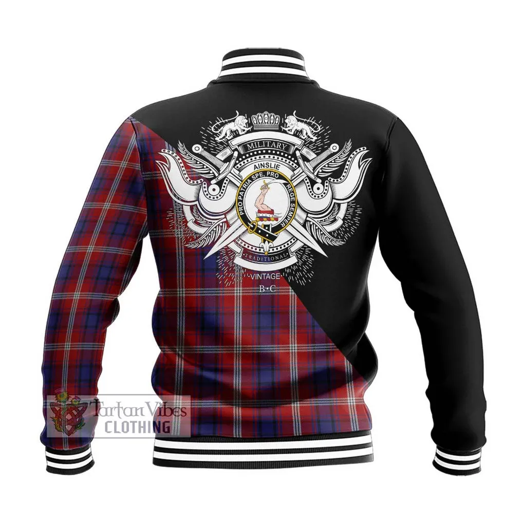 Ainslie Tartan Baseball Jacket with Family Crest and Military Logo Style