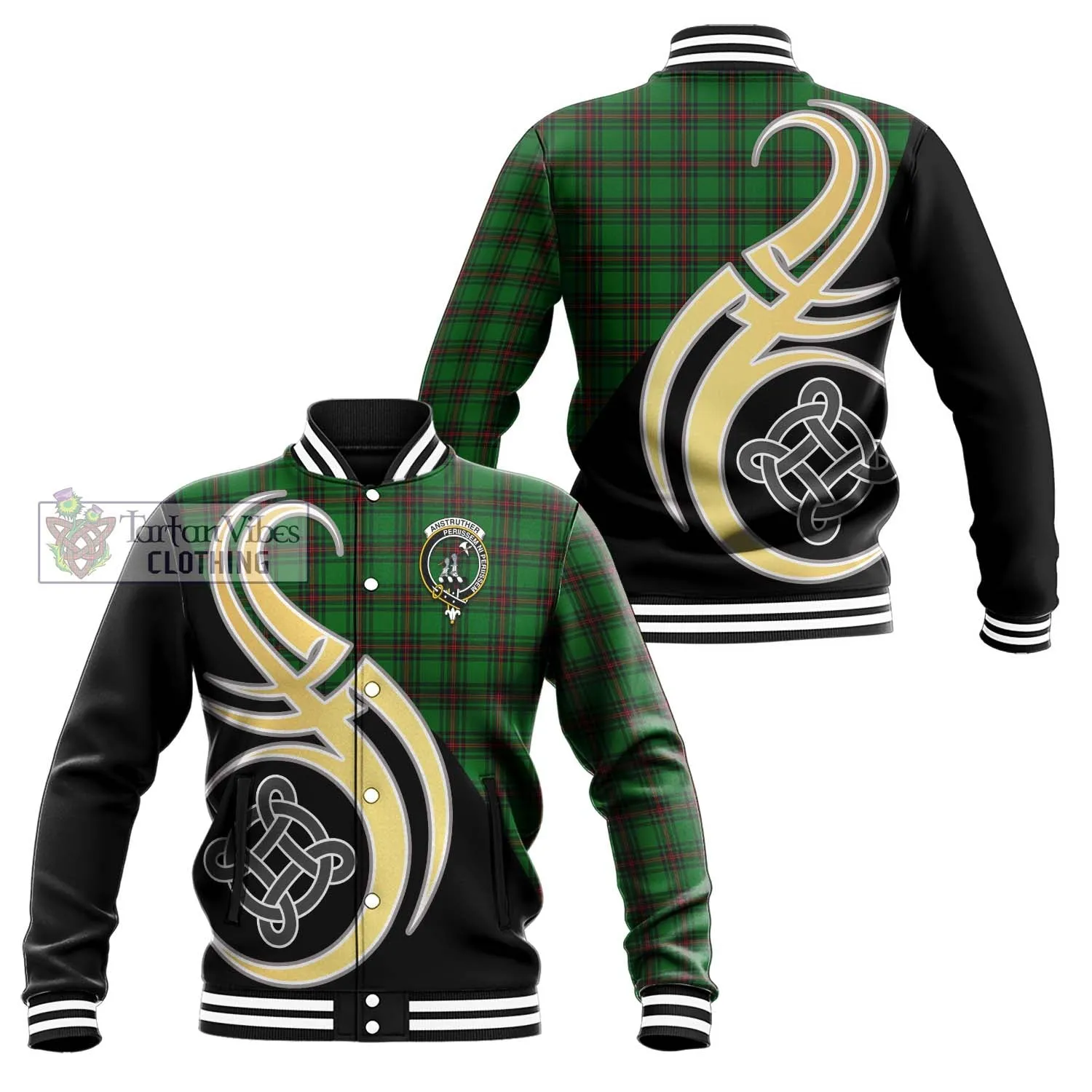 Anstruther Tartan Baseball Jacket with Family Crest and Celtic Symbol Style