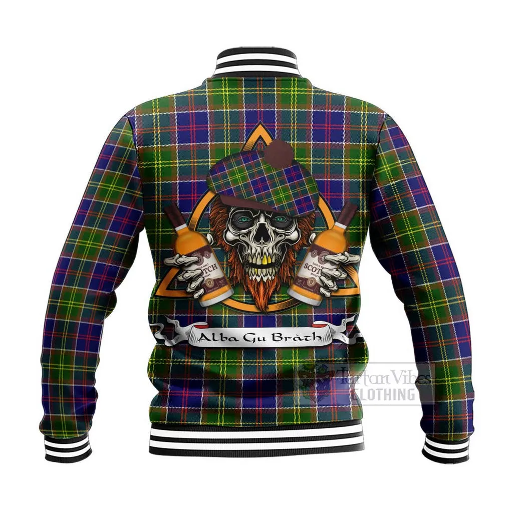 Arnott Tartan Baseball Jacket with Family Crest and Bearded Skull Holding Bottles of Whiskey