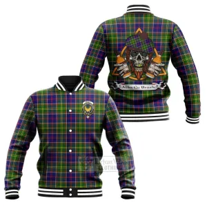 Arnott Tartan Baseball Jacket with Family Crest and Bearded Skull Holding Bottles of Whiskey