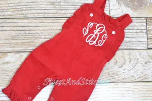 Baby girl monogrammed Valentin's outfit, Red Ruffle Christmas overalls, girls Christmas outfit, baby girl valentine's outfit