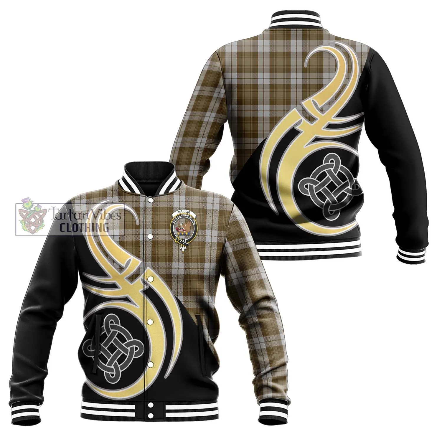 Baillie Dress Tartan Baseball Jacket with Family Crest and Celtic Symbol Style