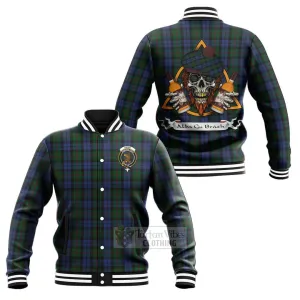 Baird Tartan Baseball Jacket with Family Crest and Bearded Skull Holding Bottles of Whiskey