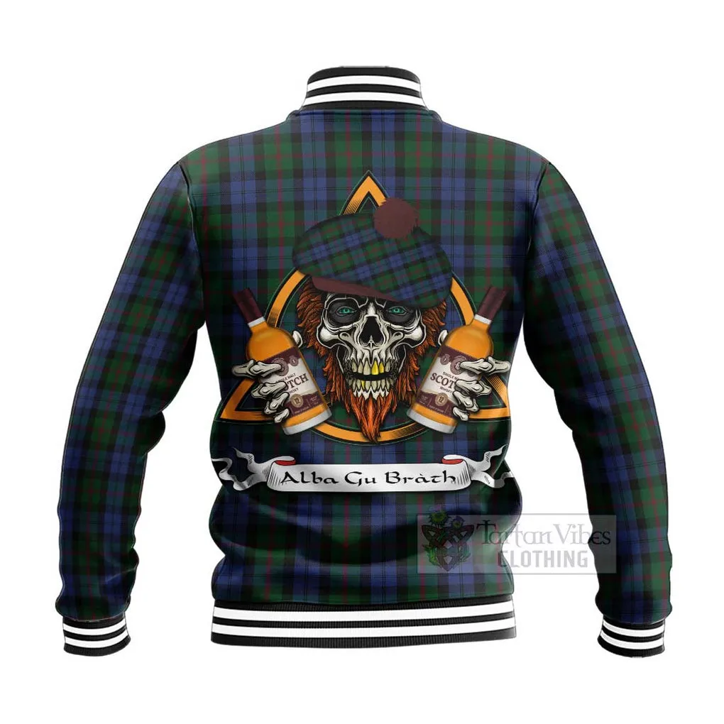 Baird Tartan Baseball Jacket with Family Crest and Bearded Skull Holding Bottles of Whiskey