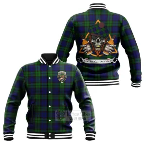 Bannatyne Tartan Baseball Jacket with Family Crest and Bearded Skull Holding Bottles of Whiskey