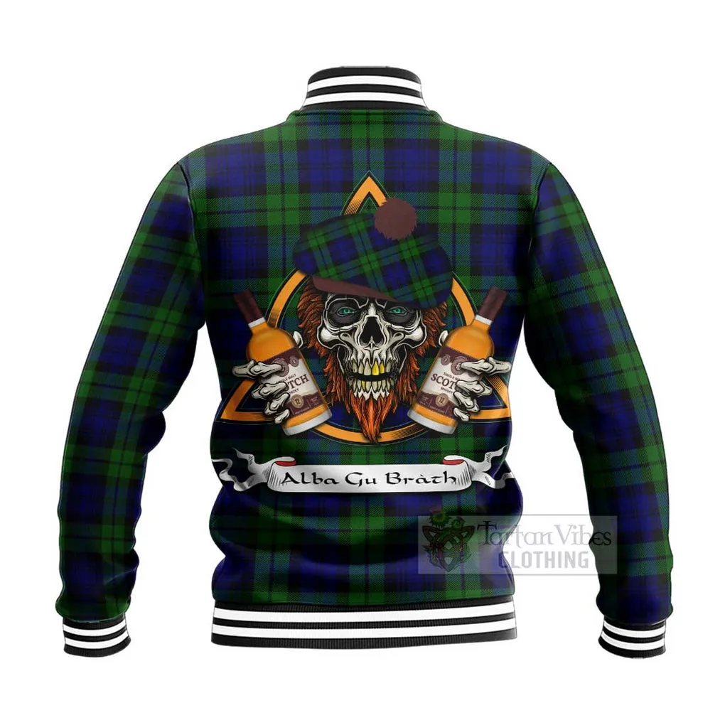 Bannatyne Tartan Baseball Jacket with Family Crest and Bearded Skull Holding Bottles of Whiskey