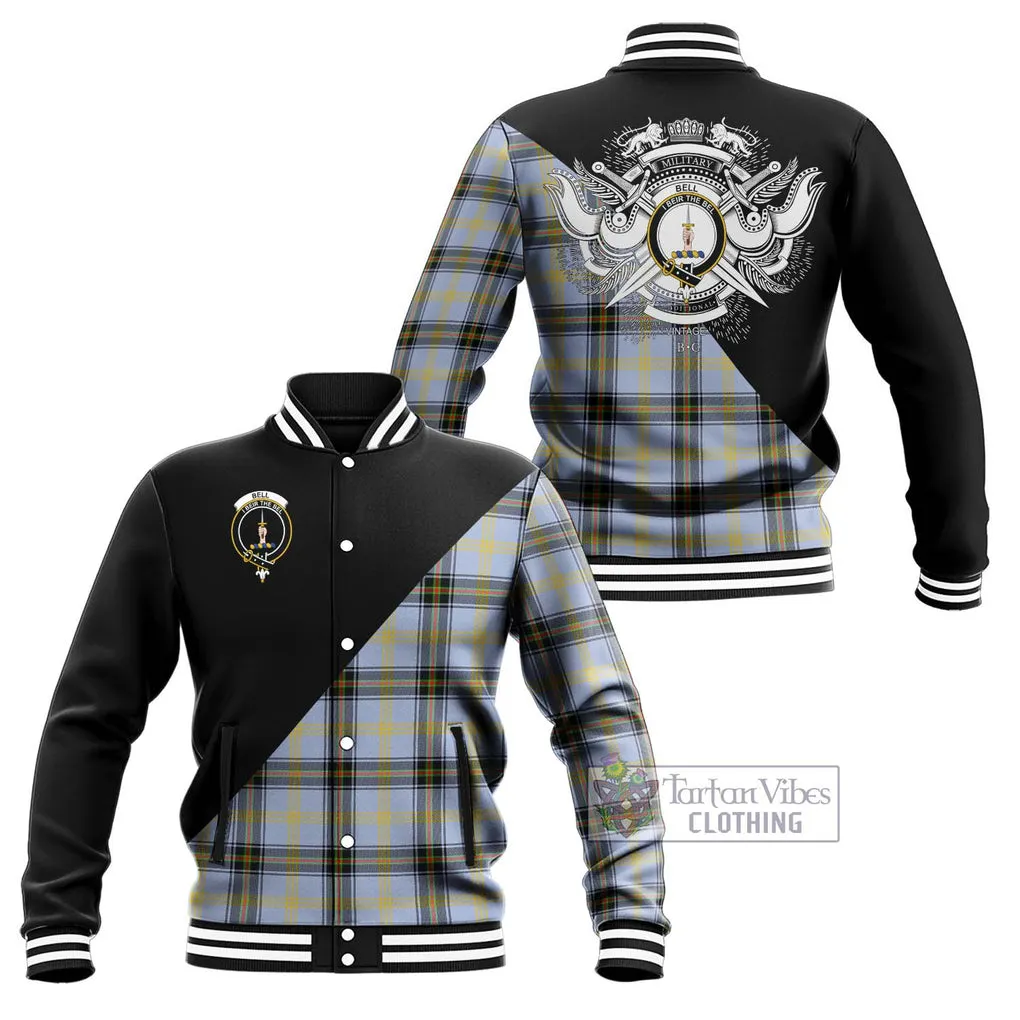 Bell Tartan Baseball Jacket with Family Crest and Military Logo Style