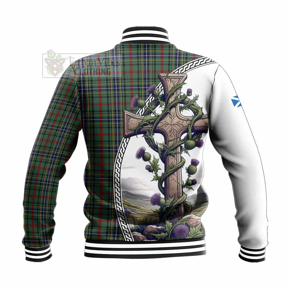 Bisset Tartan Baseball Jacket with Family Crest and St. Andrew's Cross Accented by Thistle Vines