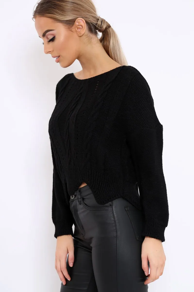 Black Cable Knit Scalloped Hem Jumper - Lilliana