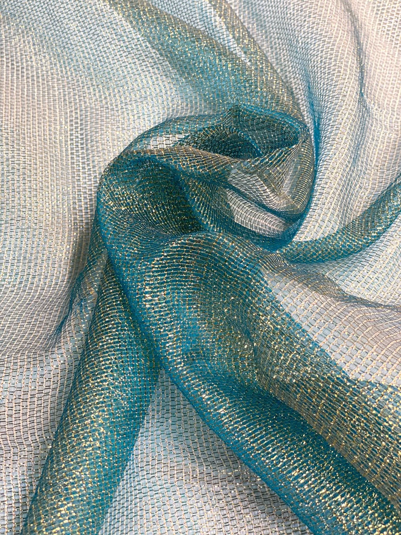 Blue Silk Metallic Mesh Fabric