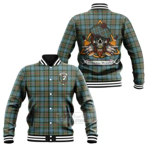 Brisbane Tartan Baseball Jacket with Family Crest and Bearded Skull Holding Bottles of Whiskey