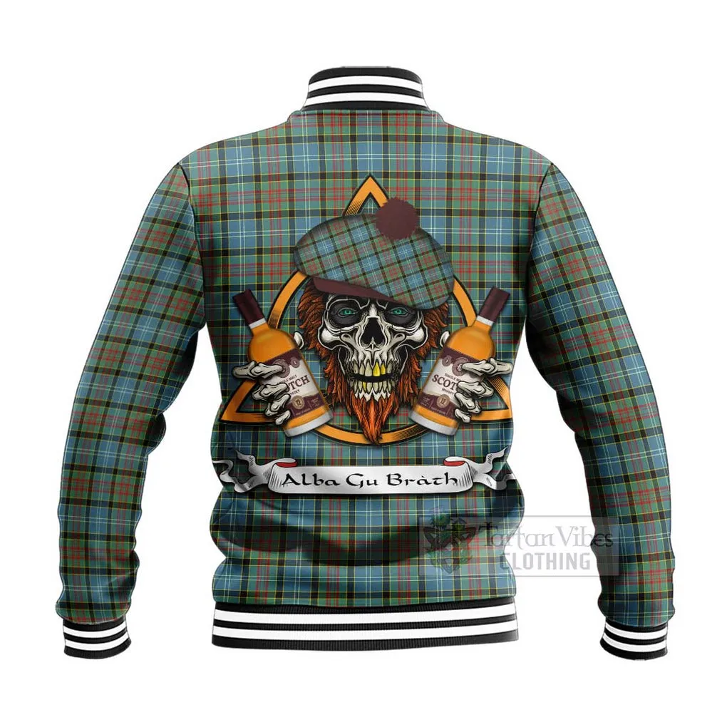 Brisbane Tartan Baseball Jacket with Family Crest and Bearded Skull Holding Bottles of Whiskey