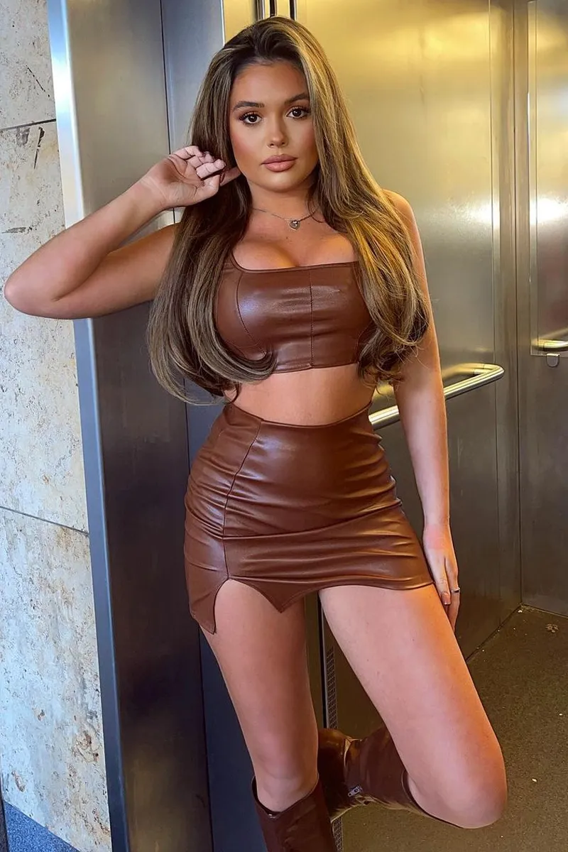 Brown PU Leather Split Mini Skirt - Lyla