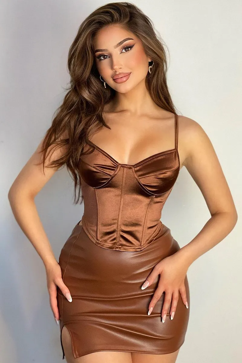 Brown PU Leather Split Mini Skirt - Lyla