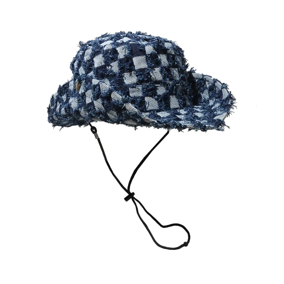 Checkered Chess Patchwork Denim Cowboy Bucket Hat