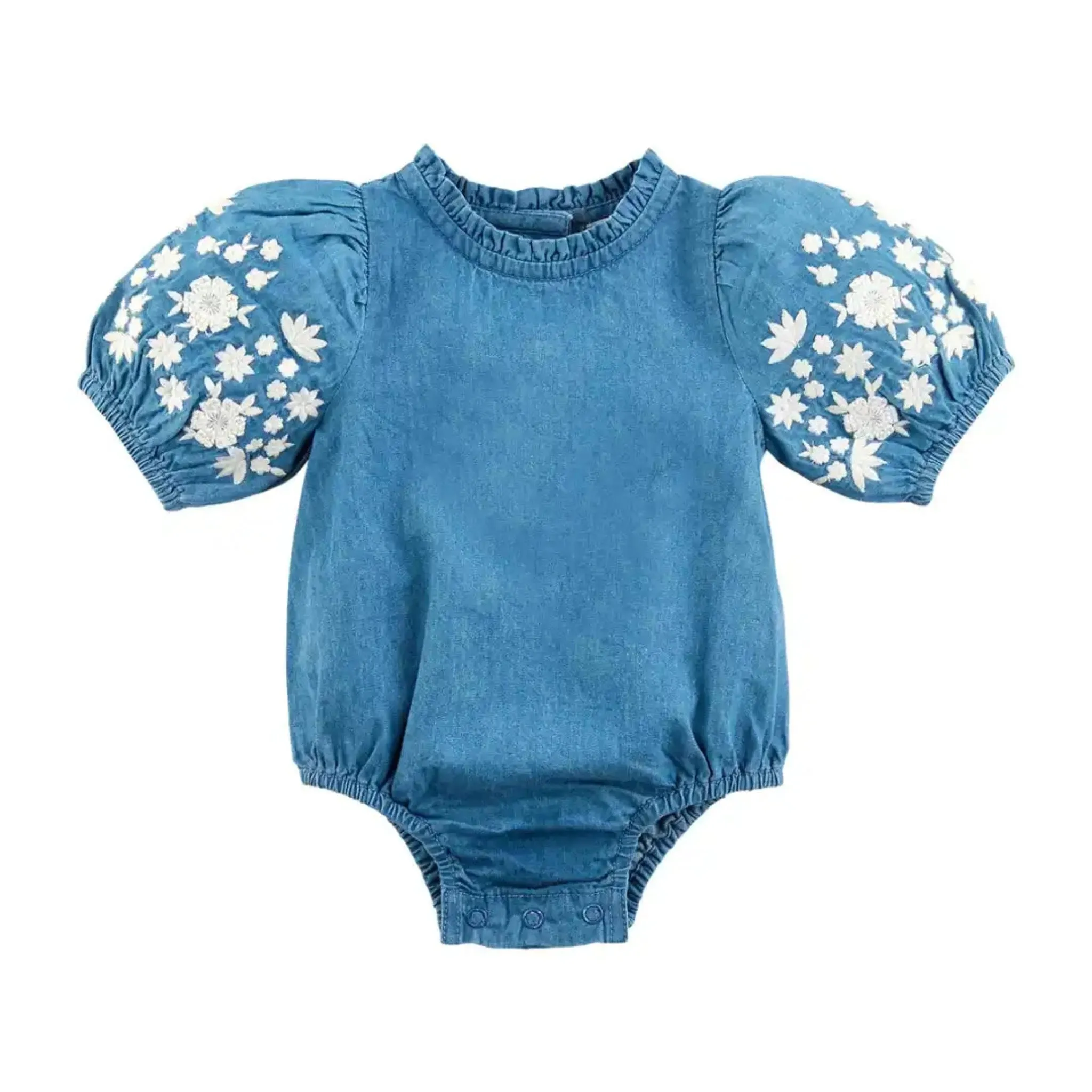 Denim Embroidered Bubble Sleeve Baby Onesie