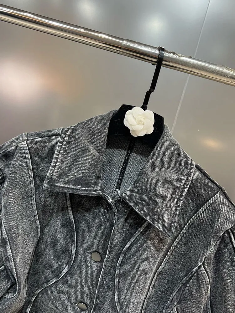 Denim Minimalist Jacket For Women Lapel Long Sleeve Patchwork Single Breasted Casual Loose Jacket Female Fashion