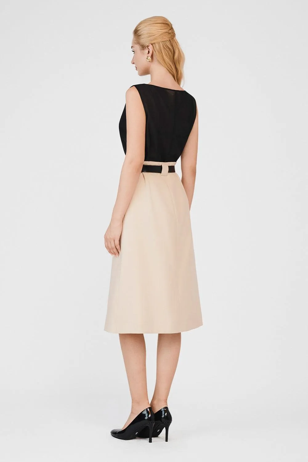 Elisa A-line Patch Pocket Khaki Calf Length Skirt