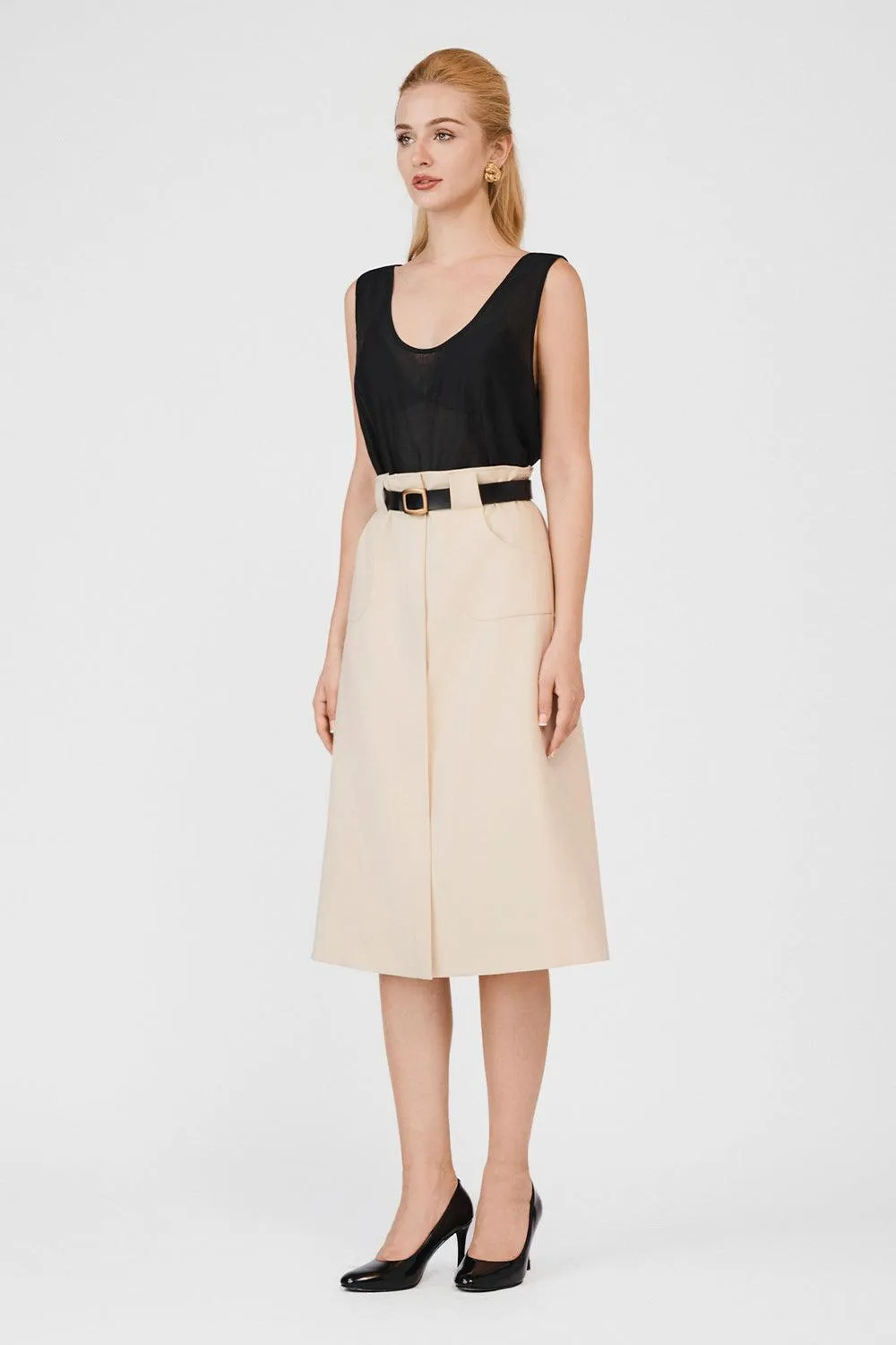 Elisa A-line Patch Pocket Khaki Calf Length Skirt