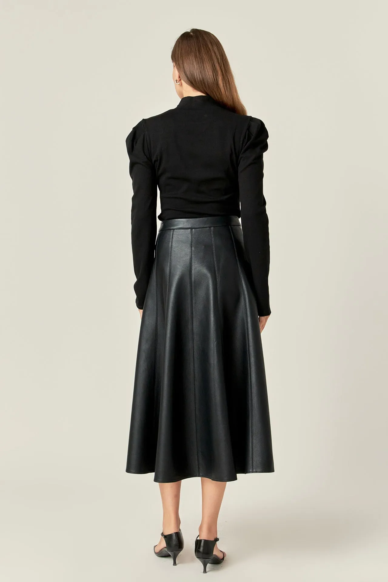 English Factory - Flare Faux Leather Midi Skirt