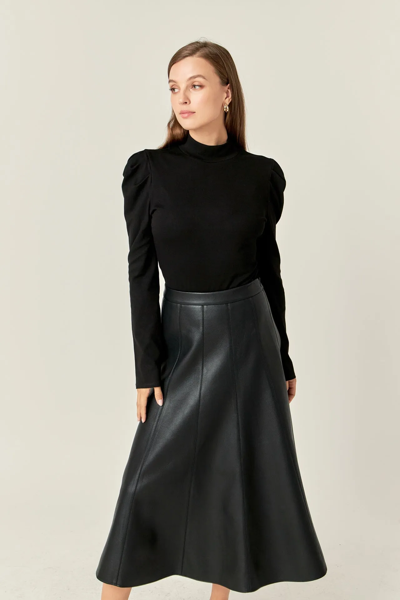 English Factory - Flare Faux Leather Midi Skirt