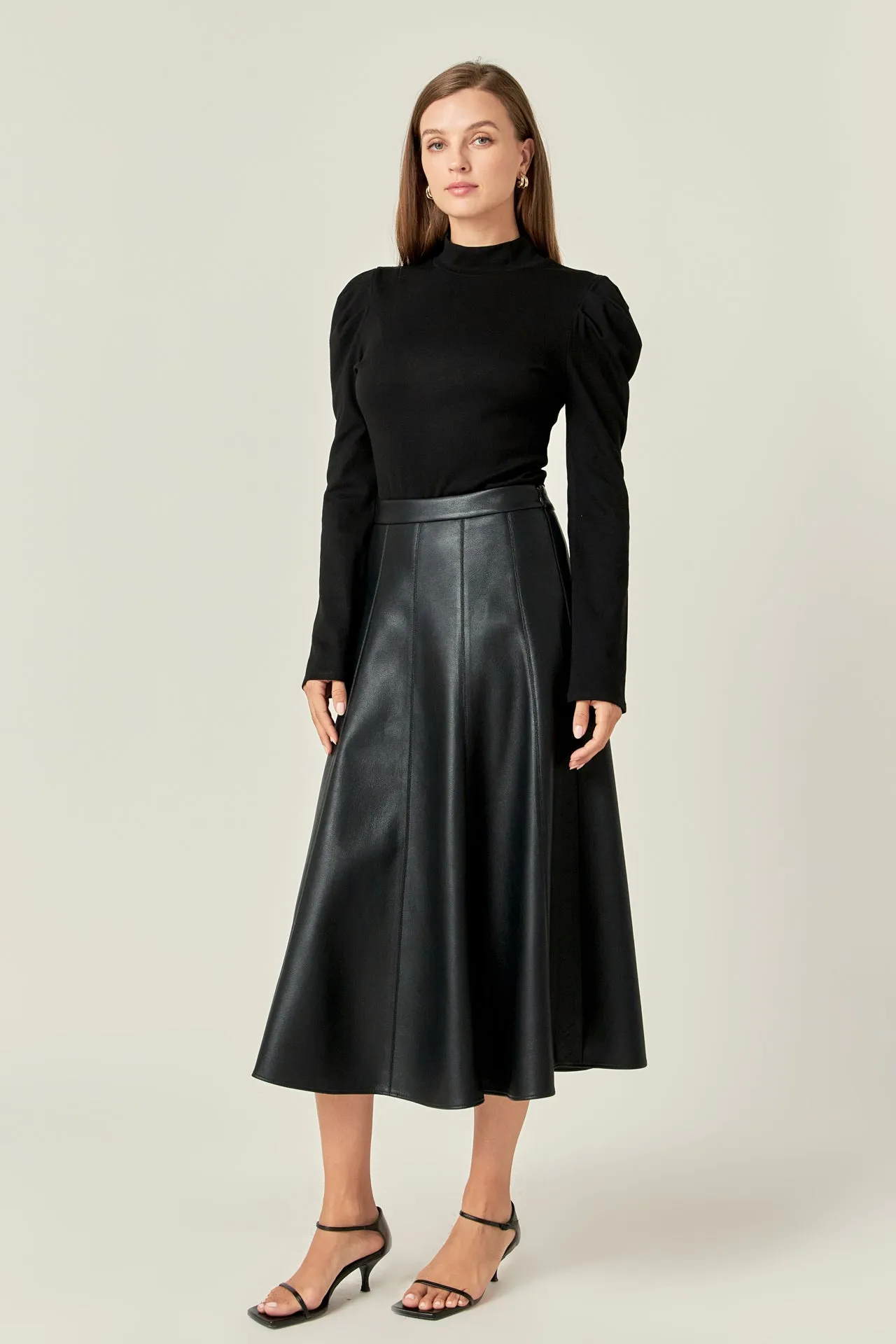 English Factory - Flare Faux Leather Midi Skirt