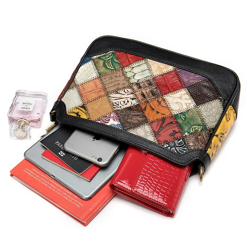 ExoticLux Leather Patchwork Mini Messenger Shoulder Bag