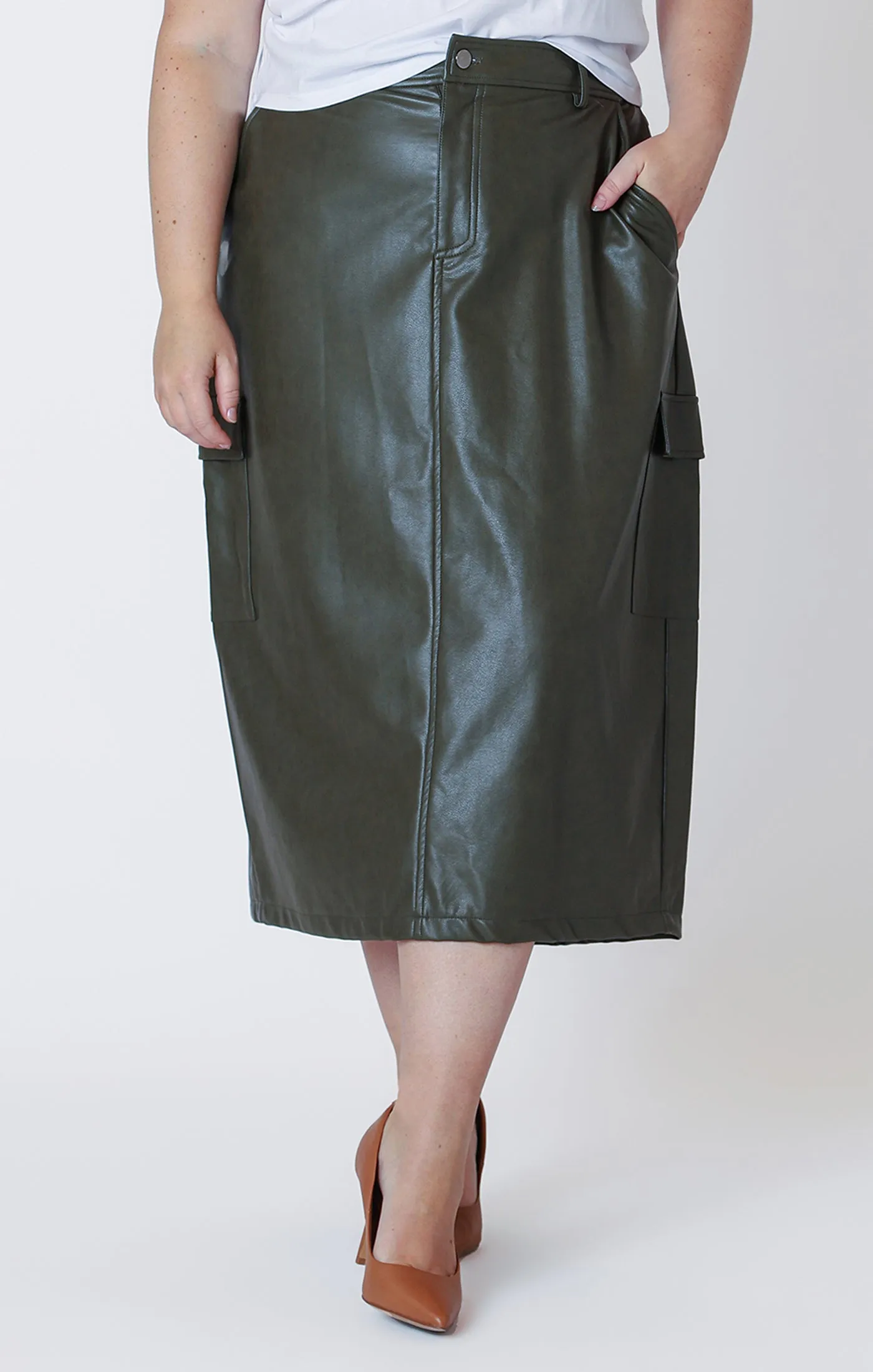 Faux Leather Cargo Maxi Skirt in Dark Khaki Green