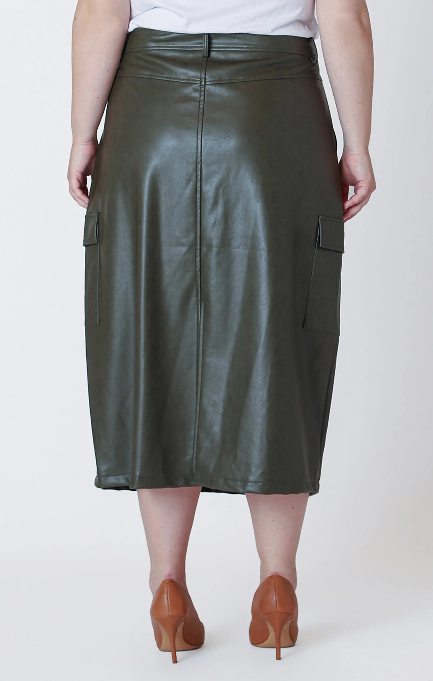 Faux Leather Cargo Maxi Skirt in Dark Khaki Green