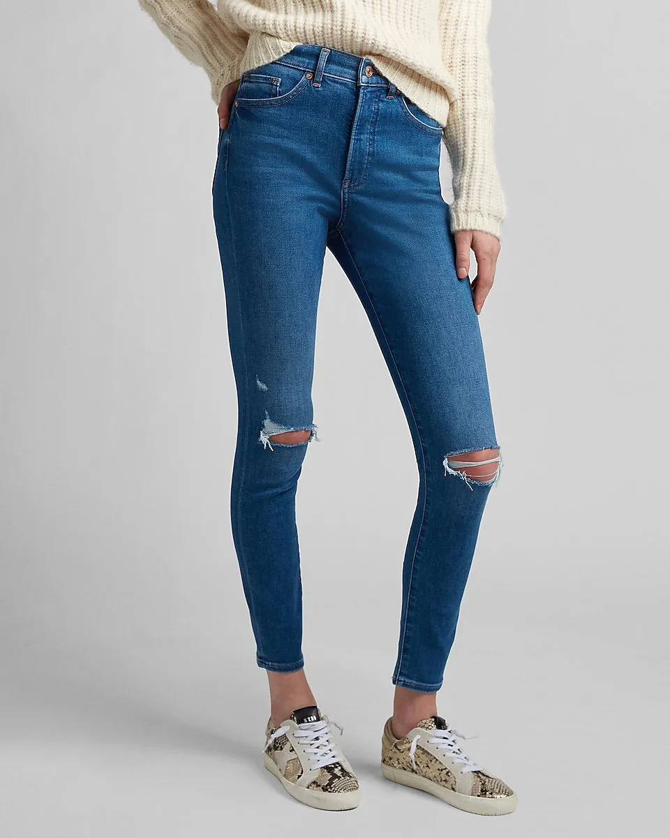 High Waisted Ripped Skinny Jeans in Medium Wash