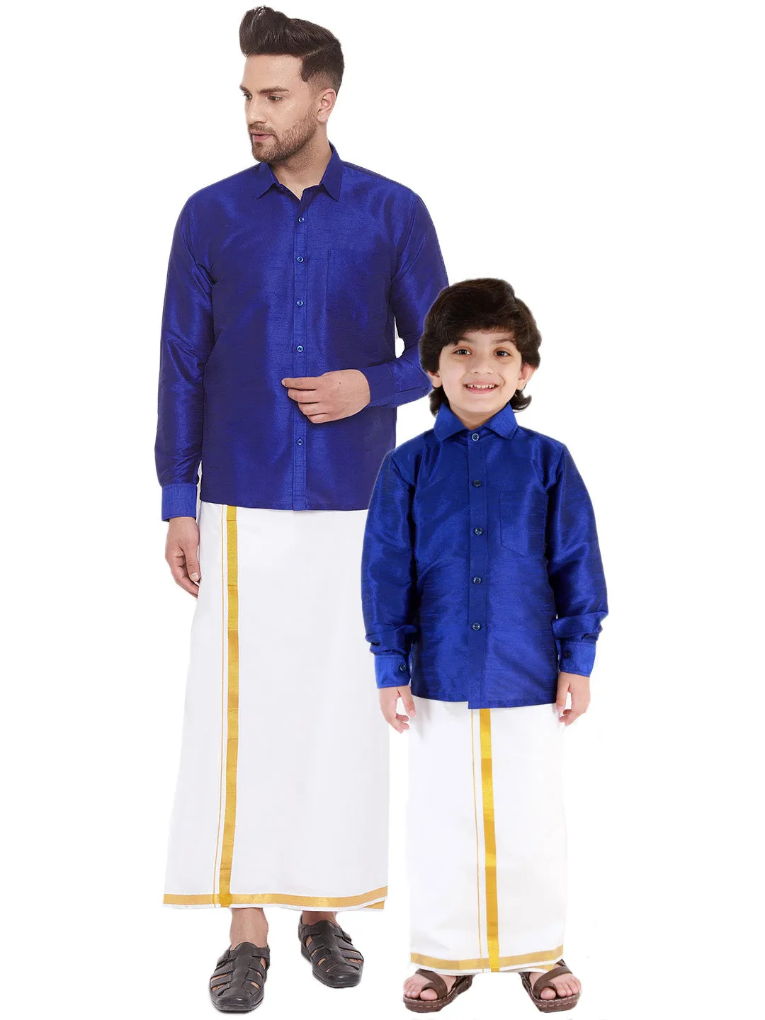 Jashvi Men's & Boys Blue Solid Silk Blend Full Sleeve Ethnic Shirt And Mundu Set