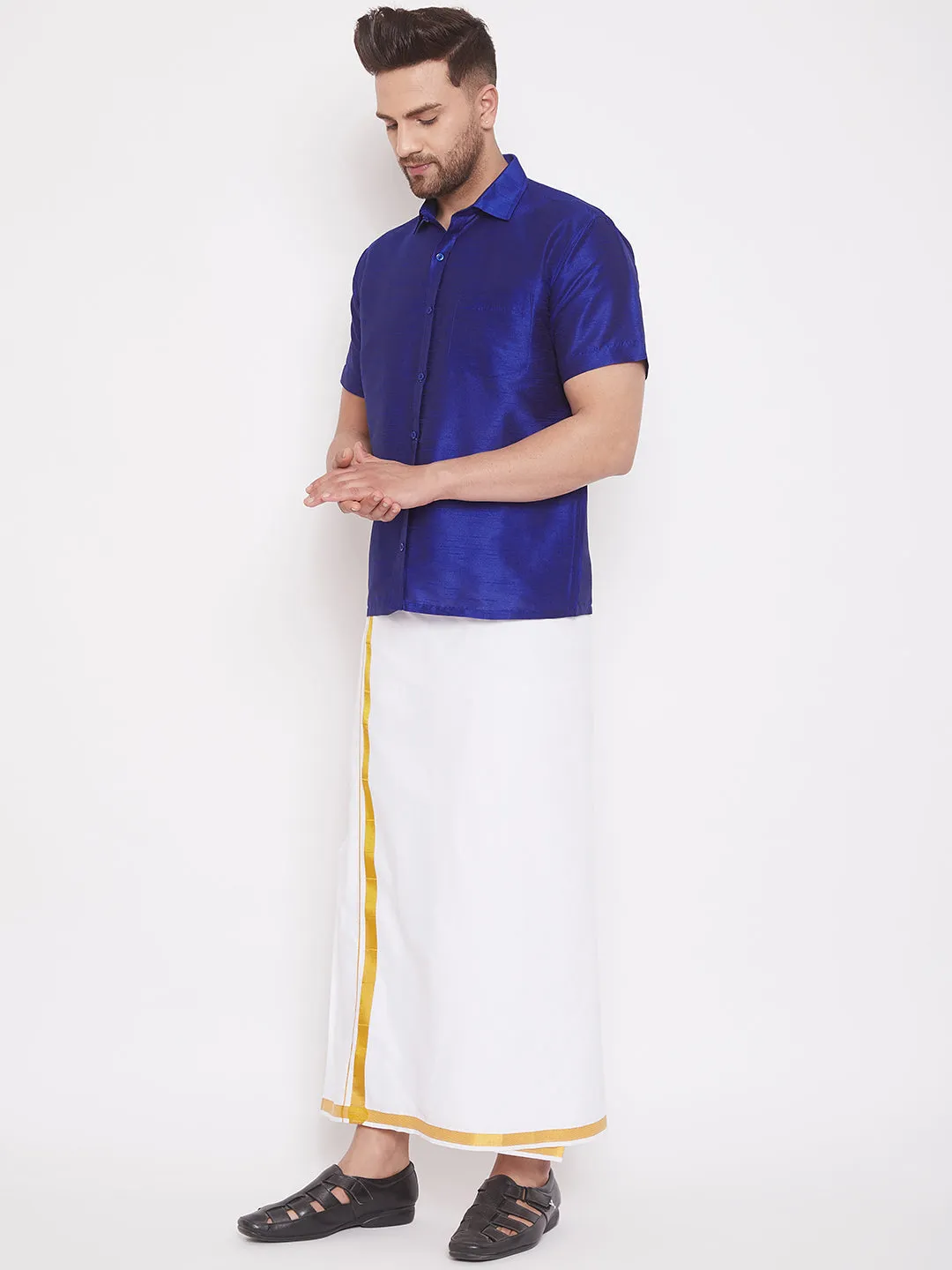 Jashvi Men's & Boys Blue Solid Silk Blend Half Sleeve Ethnic Shirt And Mundu Set