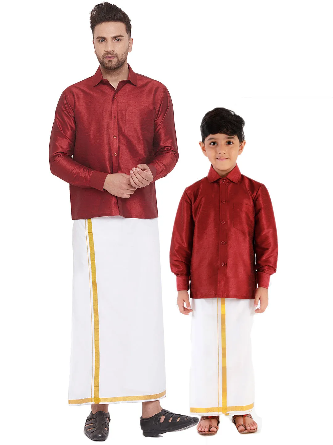 Jashvi Men's & Boys Maroon Solid Silk Blend Full Sleeve Ethnic Shirt And Mundu Set