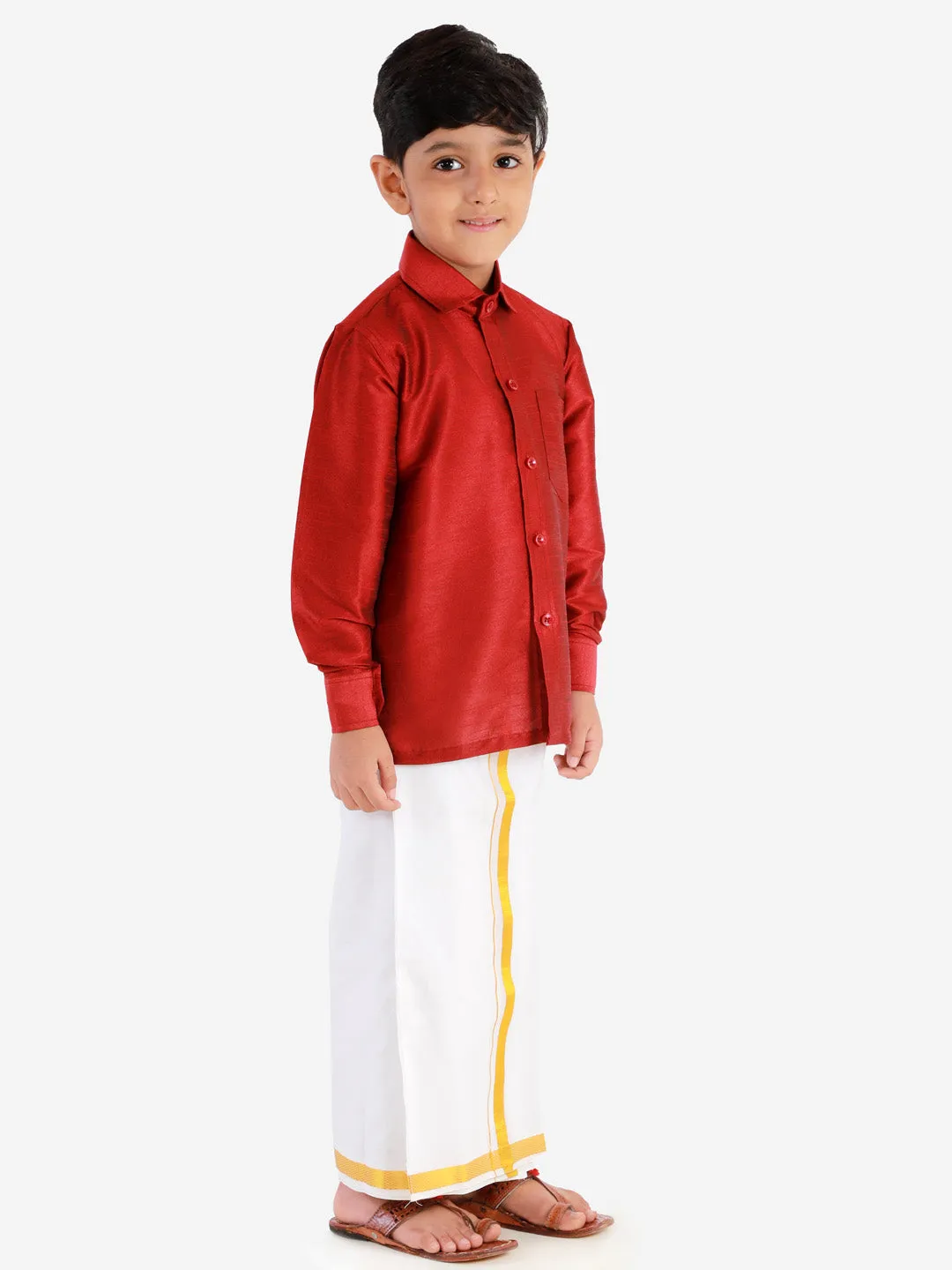 Jashvi Men's & Boys Maroon Solid Silk Blend Full Sleeve Ethnic Shirt And Mundu Set