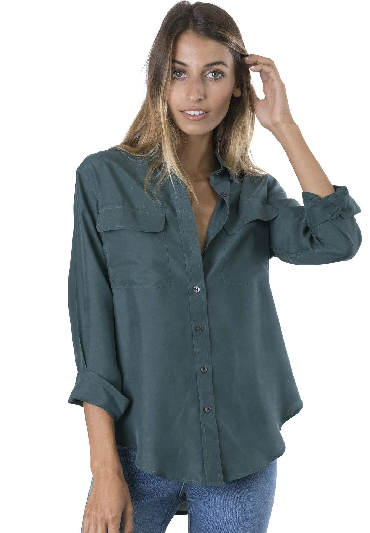 Lete-Silk Petrol Classic Fit Sand Washed Silk Shirt