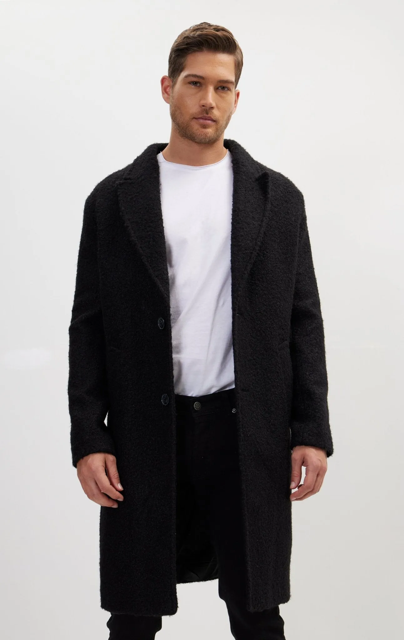 Long Fitted Boucle Pea Coat With Notch Lapel - Black