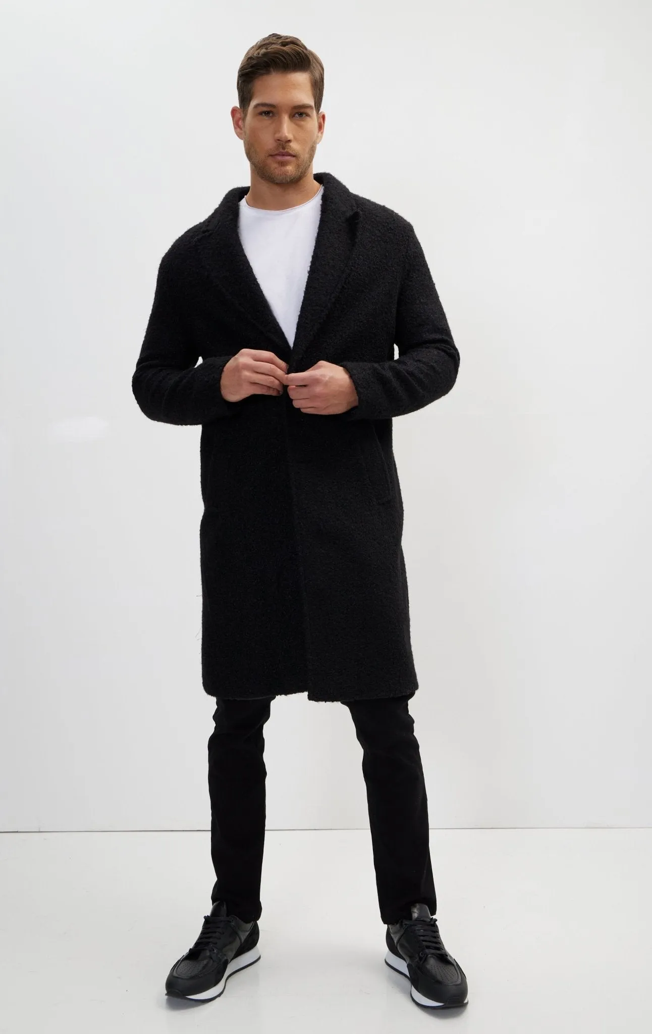 Long Fitted Boucle Pea Coat With Notch Lapel - Black