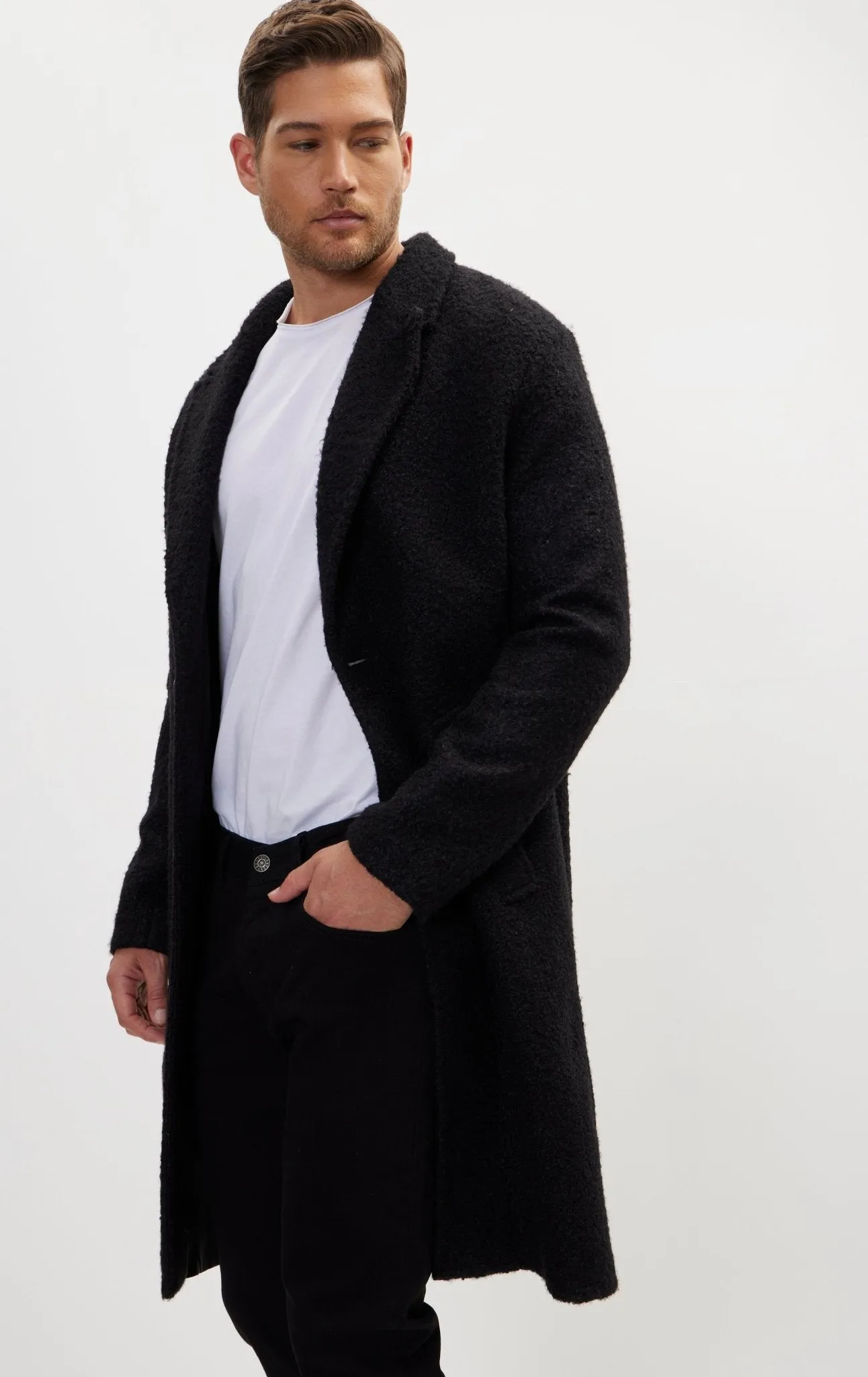 Long Fitted Boucle Pea Coat With Notch Lapel - Black