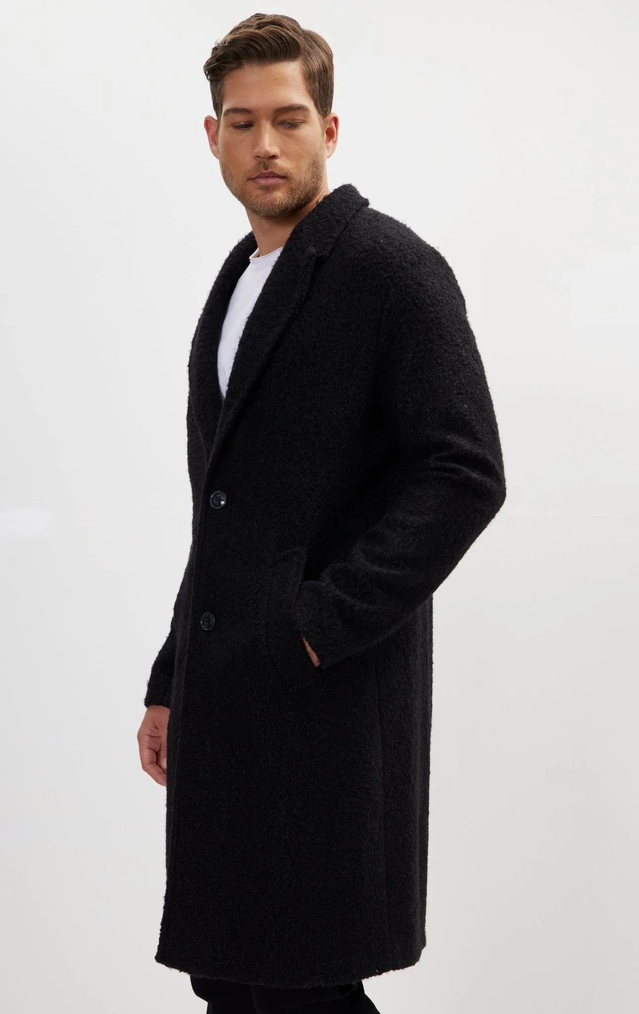 Long Fitted Boucle Pea Coat With Notch Lapel - Black