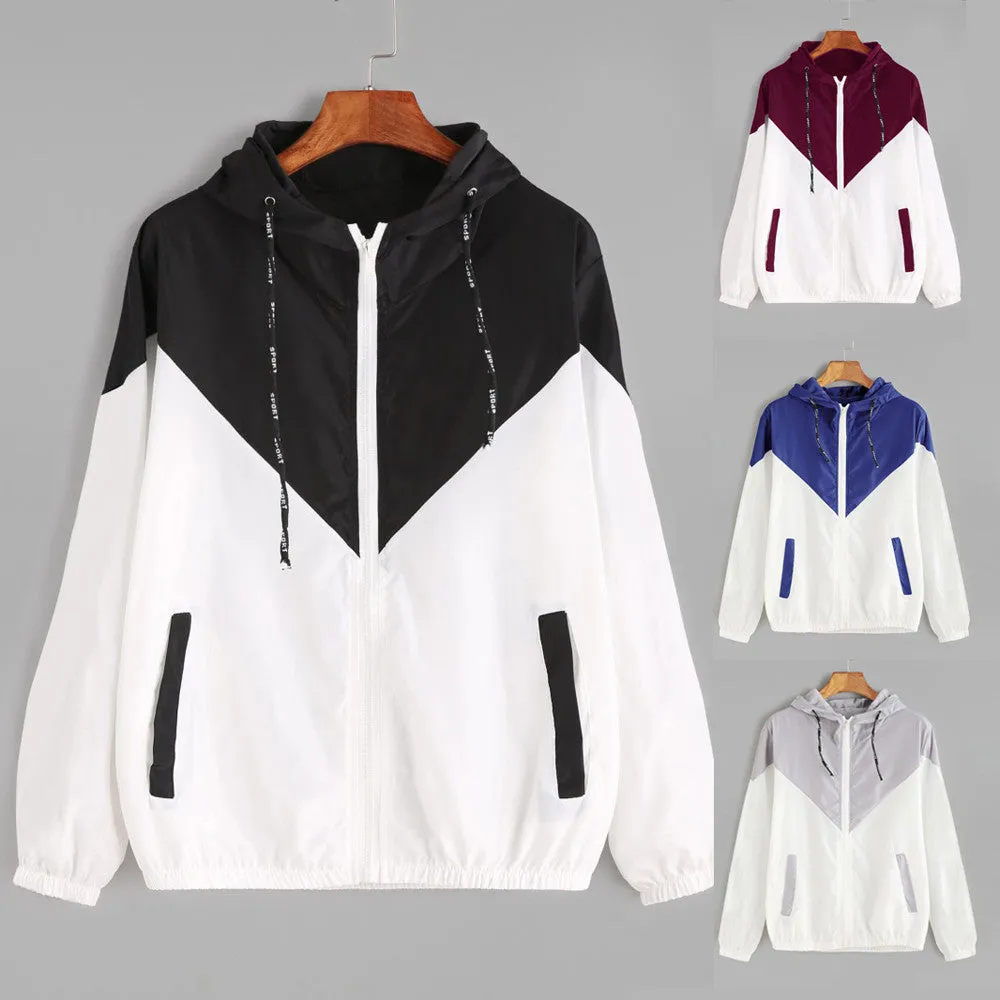 Long Sleeve Thin Hooded Zipper Patchwork Sport Coat