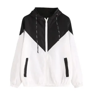 Long Sleeve Thin Hooded Zipper Patchwork Sport Coat