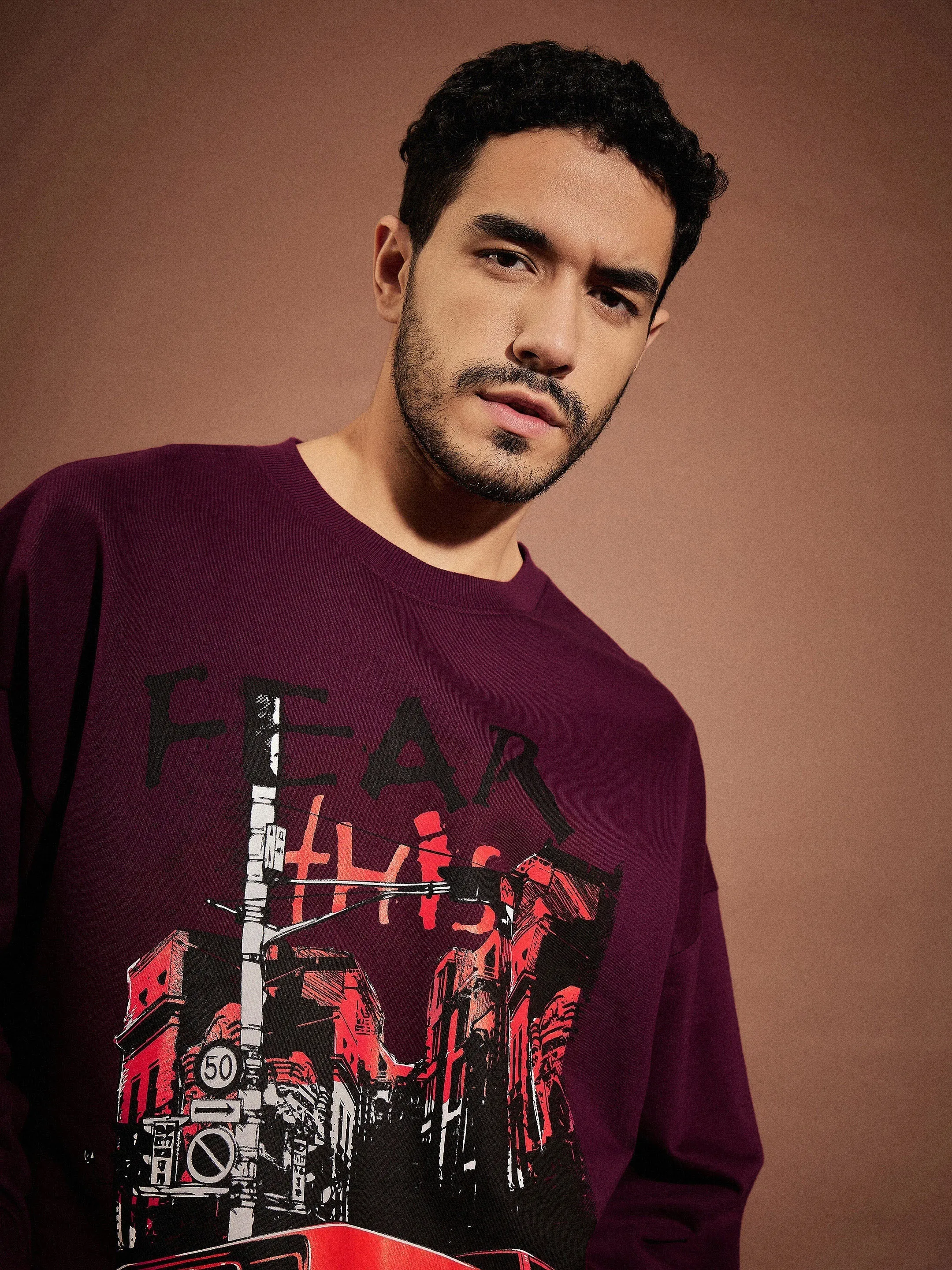 Men Maroon FEAR Oversized Sweatshirt