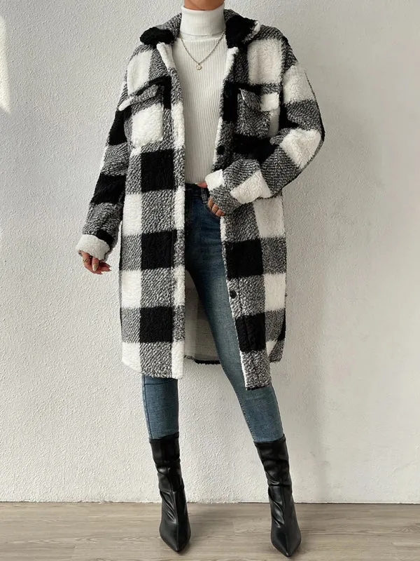 Open Buckle Lapel Plush Plaid Long Coat