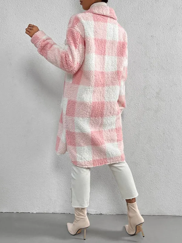 Open Buckle Lapel Plush Plaid Long Coat